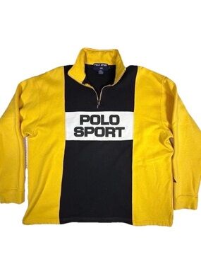 Vintage Polo Sport Ralph Lauren 1/4 Zip Quarter Fleece Hoodie Black Yellow Large